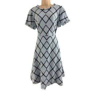Light Blue Geometric Print Fit & Flare Wool-Blend Midi Dress Size 12 Fringe Hem